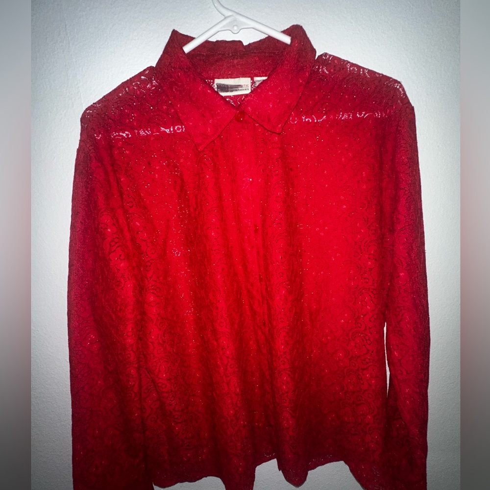 Red lace long sleeve button up blouse